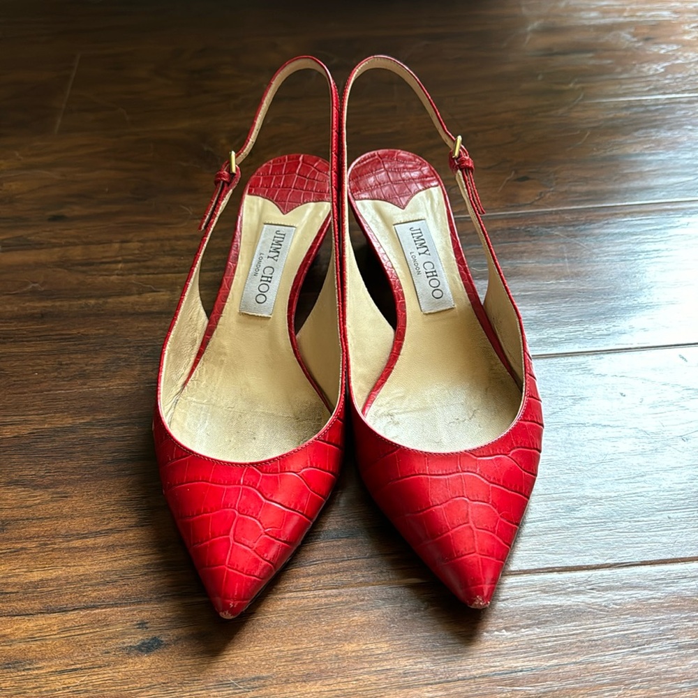 Jimmy Choo sling back heels in red croc embossed leather 39.5